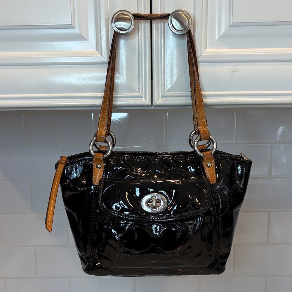 Coach Bag Purse Handbag Leather Leah Signature Embossed Patent Mini Tote Bag